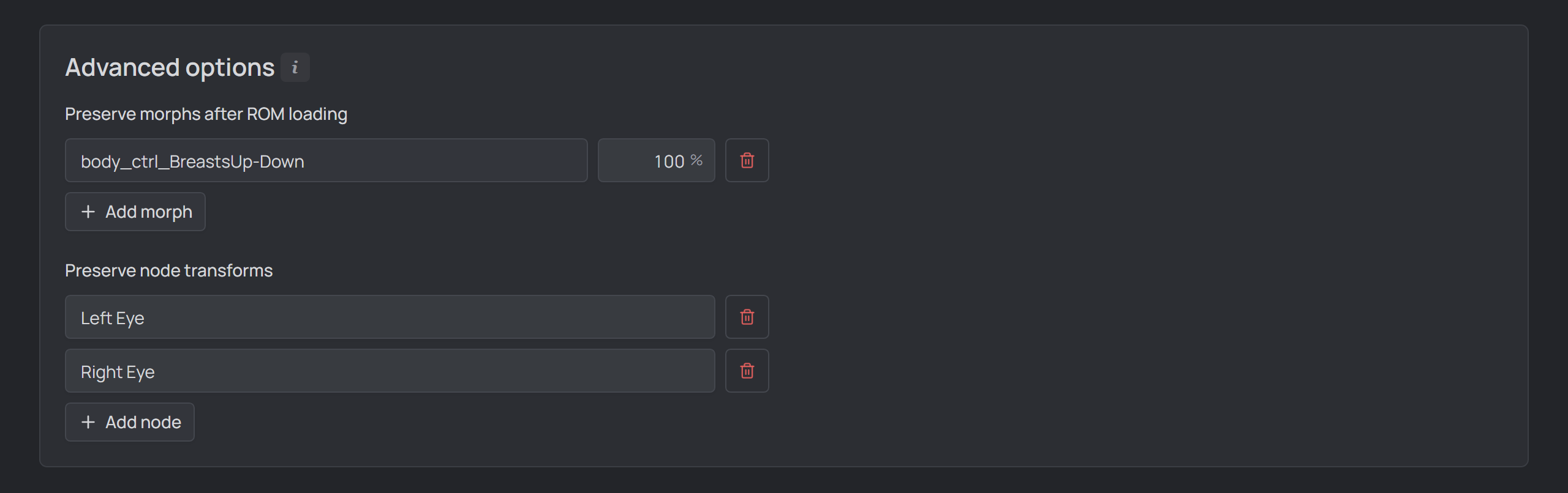 character page, Advanced options panel expanded