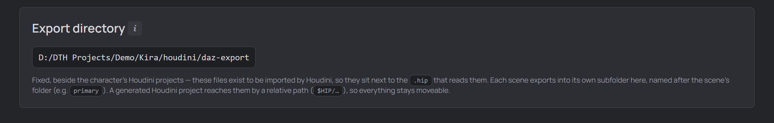 character page, export directory section
