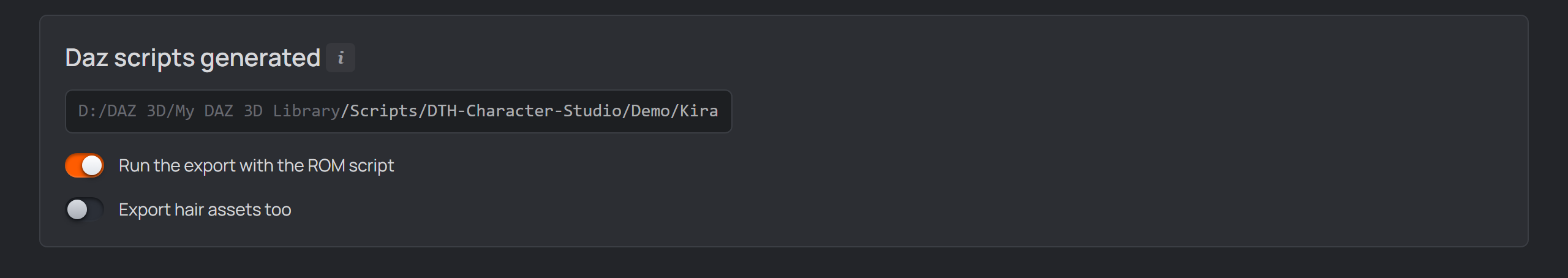 the Daz scripts generated box — install location and the export switches