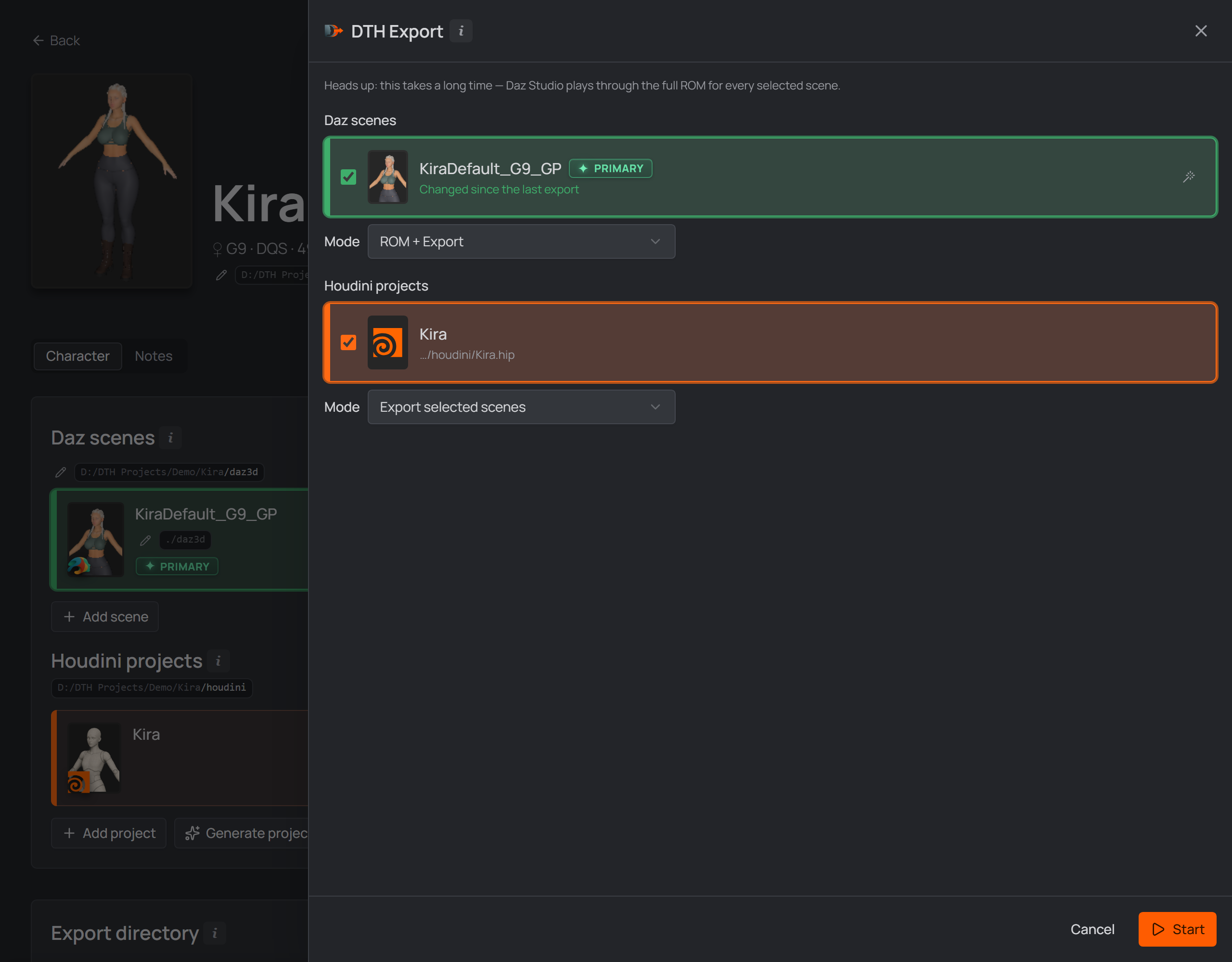 the DTH Export panel — Daz scenes and Houdini projects, each with their Mode