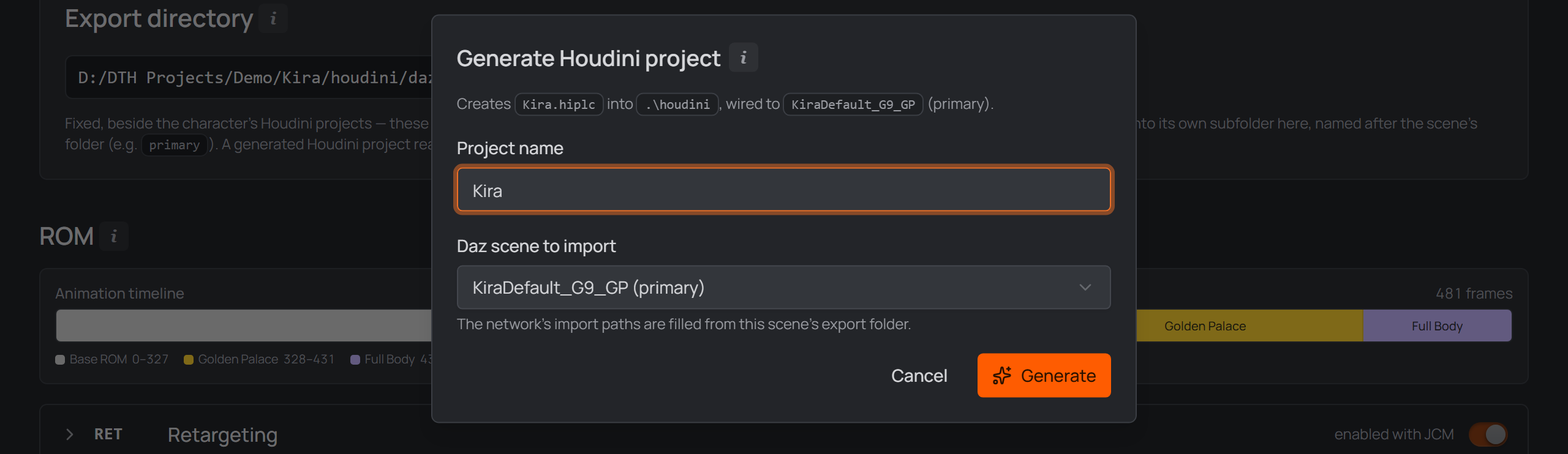the Generate Houdini project dialog