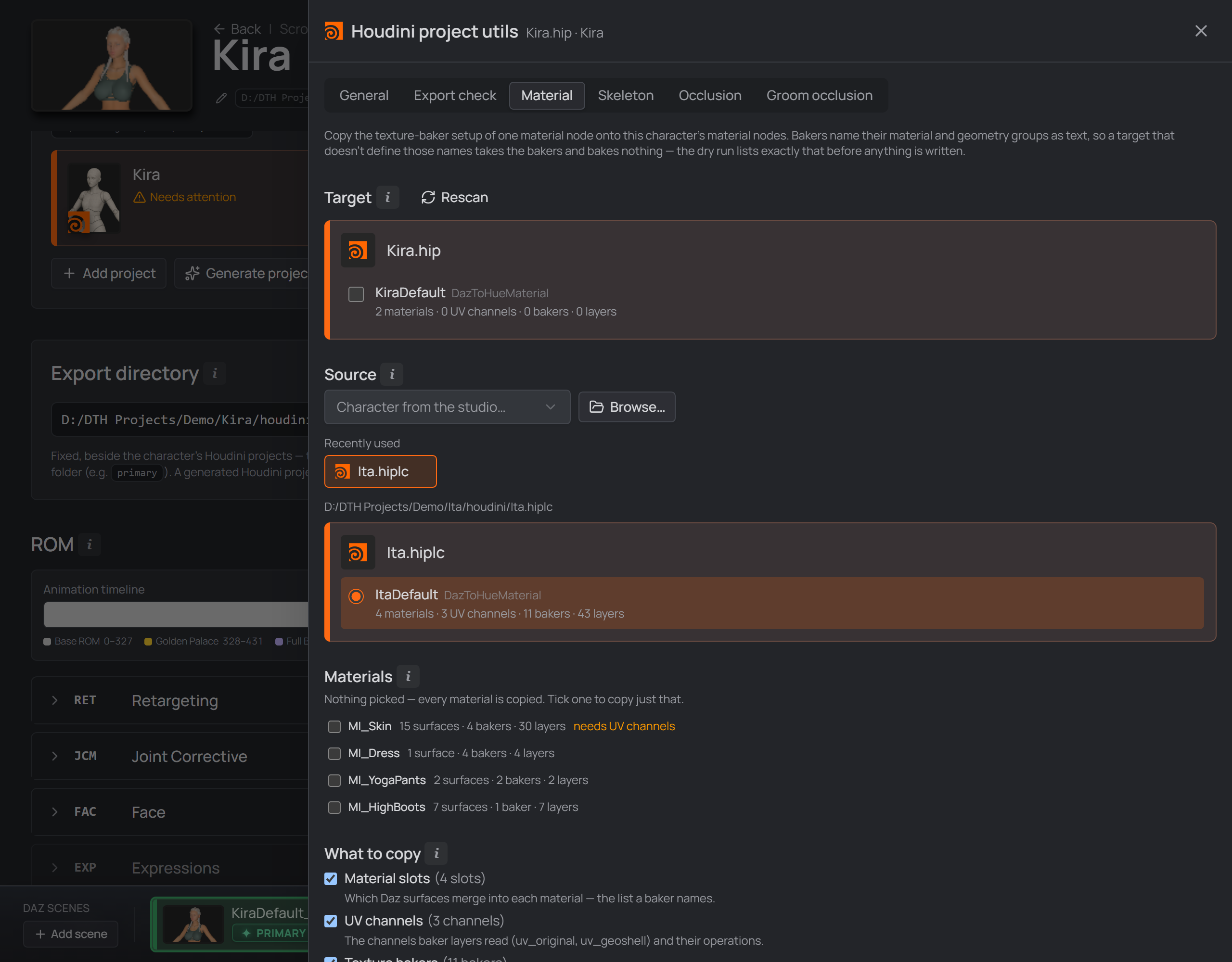 the Utils drawer: this project's target nodes, the source project and what to copy