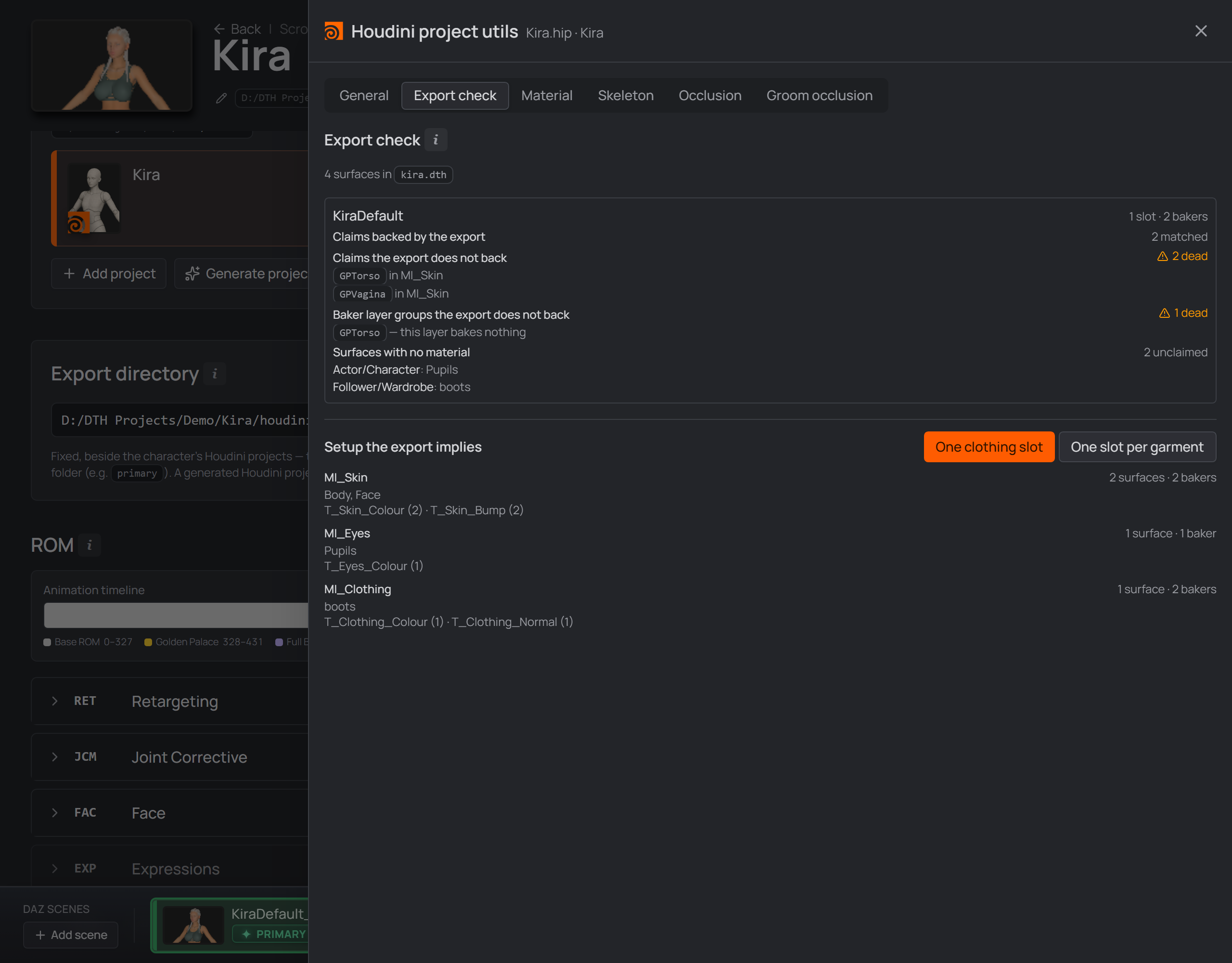 the Export check tab: a node's claims measured against the export, and the setup that export implies
