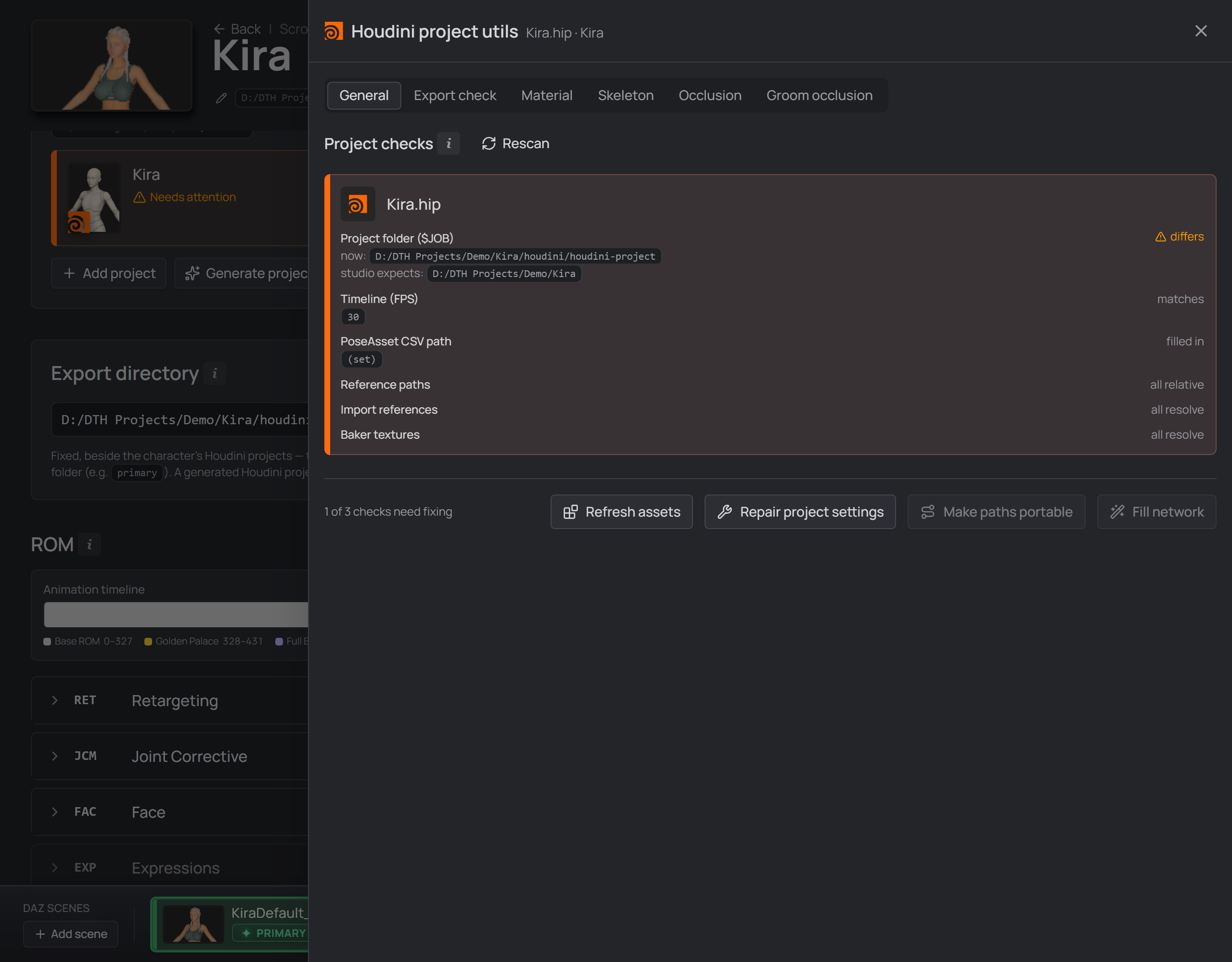 the General tab: one row per check, verdicts aligned right, the fixes in the footer