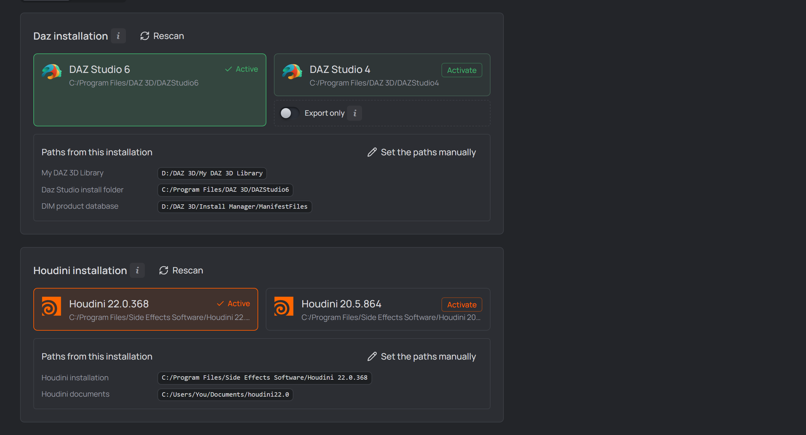 Settings → General with a Daz Studio and a Houdini installation card activated